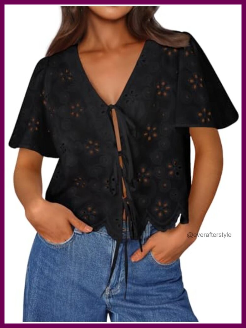 Womens Cotton Tie Front Eyelet Blouse Boho Crop Top Summer